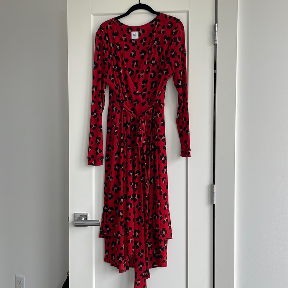 Never Worn Cabi Red Leopard Midi Wrap Dress, Size M